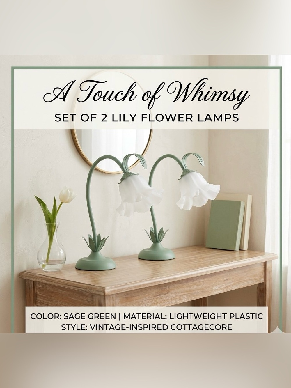 Vintage Style Lily Flower Table Lamps Pastel Sage Green Plastic Set of 2
